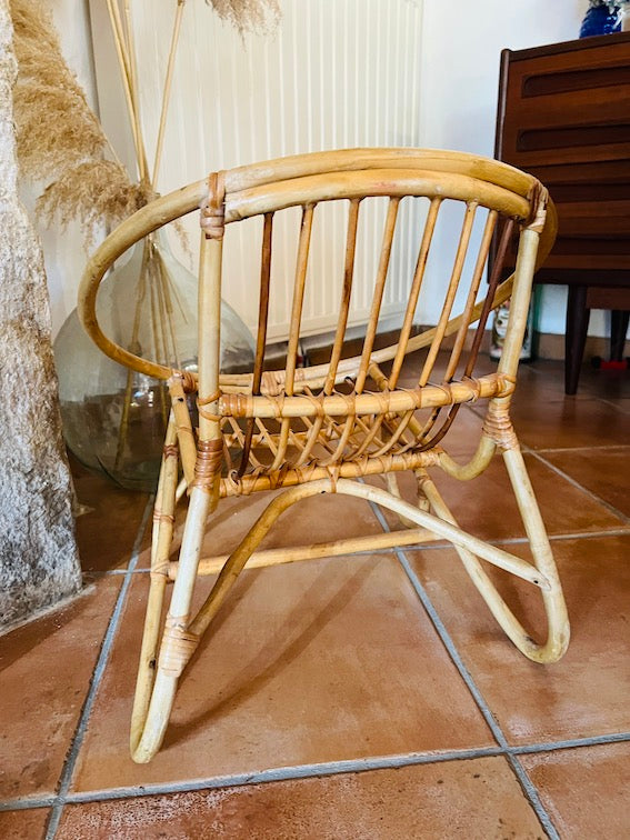 Fauteuil Enfant Vintage En Rotin Et Bambou - Coquille Beige 48cm