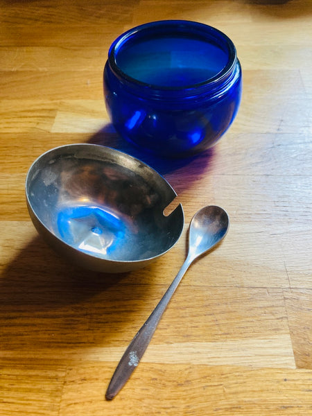 Sucrier pomme bleue vintage avec sa cuillère