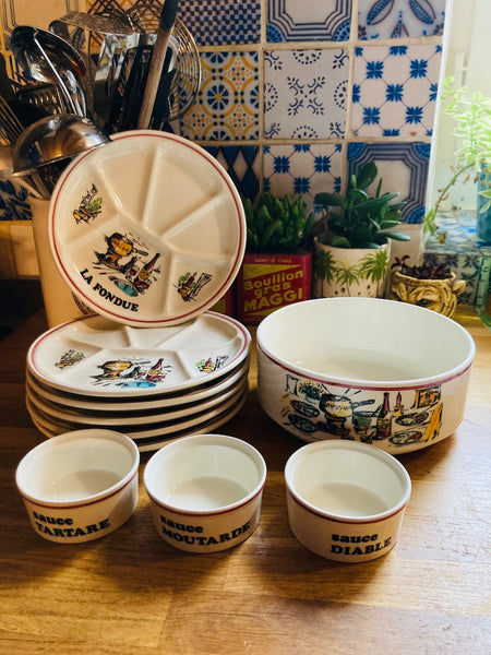 Service vintage à fondue en faïence de Gien France - Années 80