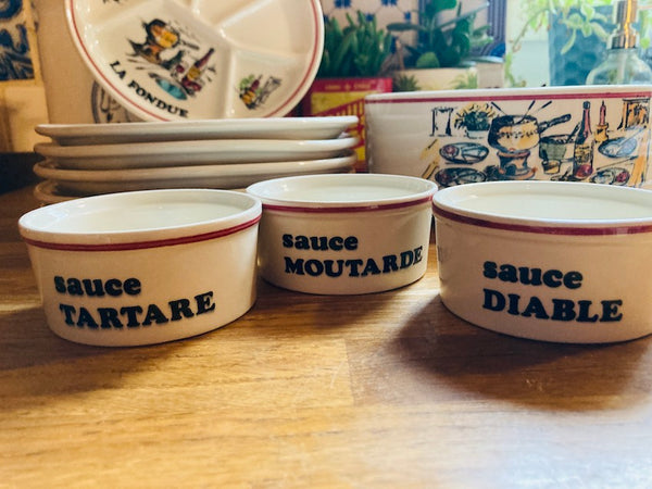 Service vintage à fondue en faïence de Gien France - Années 80