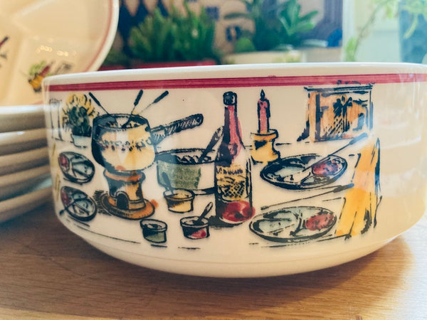 Service vintage à fondue en faïence de Gien France - Années 80