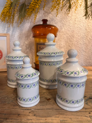 Lot de 4 pots d'apothicaire / de pharmacie vintages en porcelaine Monique Robert