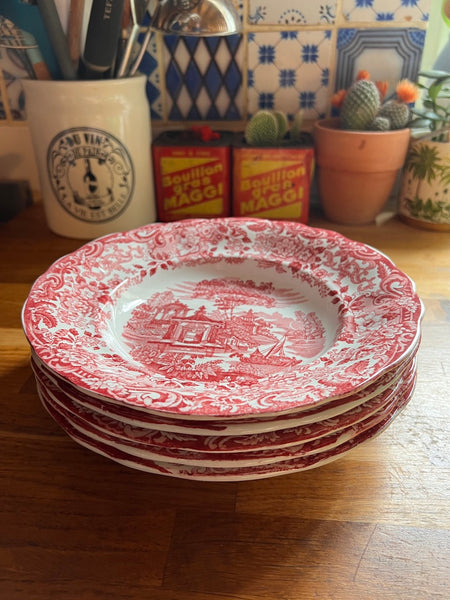 5 assiettes creuses vintages en faïence Pickman SA - La Cartuja de Sevilla à décor de paysages asiatiques