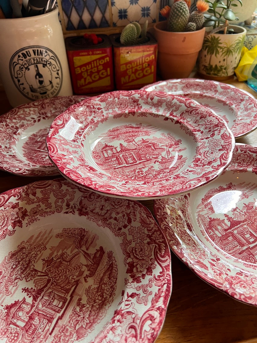 5 assiettes creuses vintages en faïence Pickman SA - La Cartuja de Sevilla à décor de paysages asiatiques