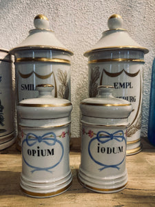 2 pots à pharmacie / d'apothicaire Opium et Iodum vintages