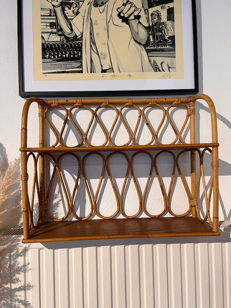 Etagère vintage en rotin et bois