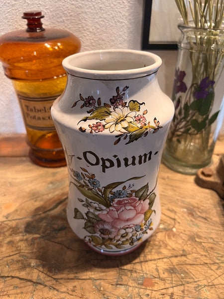 Grand pot de pharmacie / d'apothicaire  vintage Opium en faïence Lalliers à Moustiers