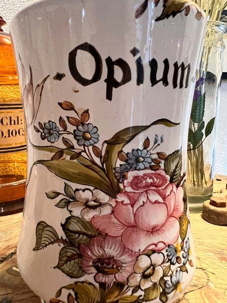 Grand pot de pharmacie / d'apothicaire  vintage Opium en faïence Lalliers à Moustiers