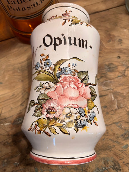 Grand pot de pharmacie / d'apothicaire  vintage Opium en faïence Lalliers à Moustiers