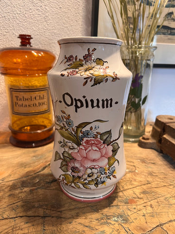 Grand pot de pharmacie / d'apothicaire  vintage Opium en faïence Lalliers à Moustiers
