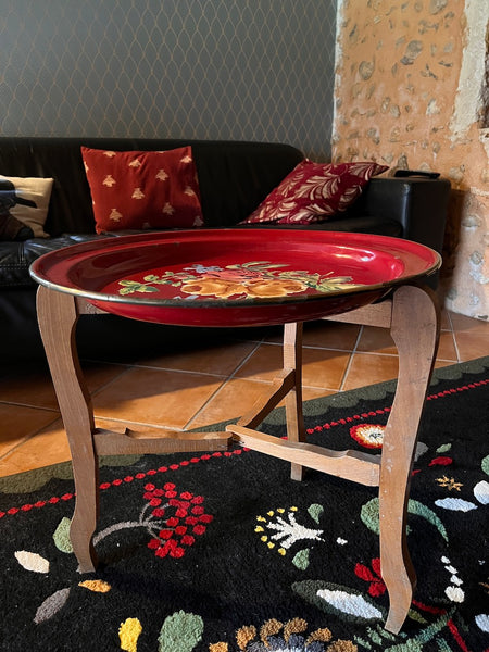 Guéridon / table à thé pliante vintage avec son plateau émaillé