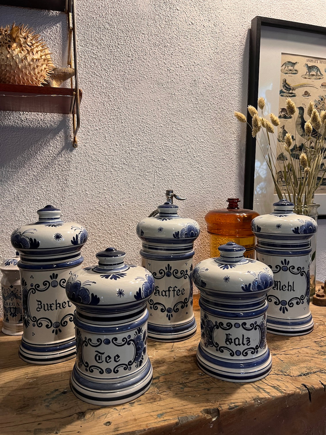 Ensemble de 5 pots de cuisine vintages en faïence de Delft (Hollande) Gilde peints à la main