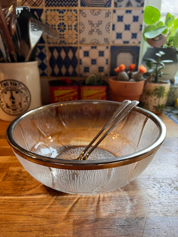 Saladier et couverts vintages en verre et métal plaqué argent - Made in Italy