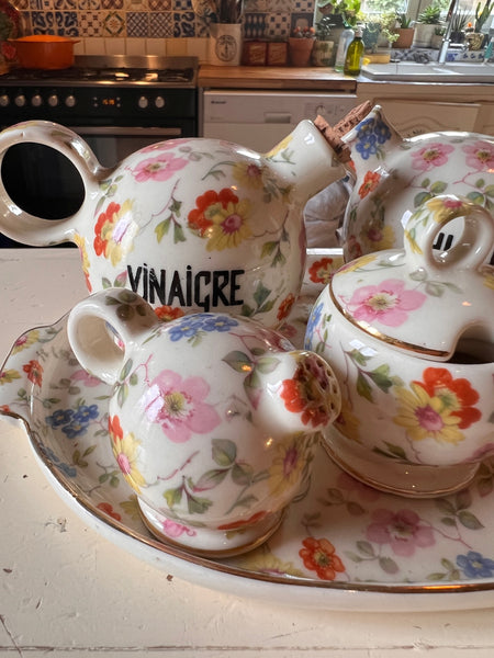 Service à assaisonnement vintage à fleurs en porcelaine - Tchécoslovaquie