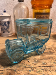 Bonbonnière vintage voiture Portieux en verre bleu