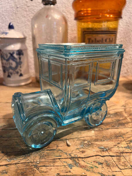 Bonbonnière vintage voiture Portieux en verre bleu