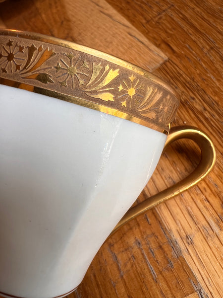 Elégantes tasse et sous-tasse anciennes Céramique Limousine dorées à l'or fin - Limoges France - Années 50