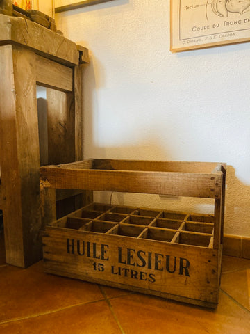 Casier à bouteilles vintage en bois Huile Lesieur 15 litres - Années 50/60