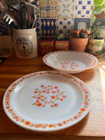 2 plats vintages en verre Arcopal Scania à fleurs oranges et roses - 1970