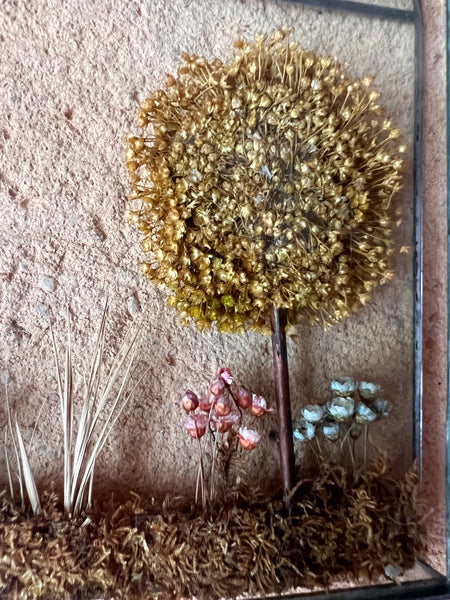 Petit vitrail double vintage au décor de fleurs séchées