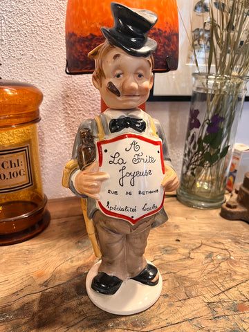 Bouteille ivrogne vintage en faïence "A la frite joyeuse"