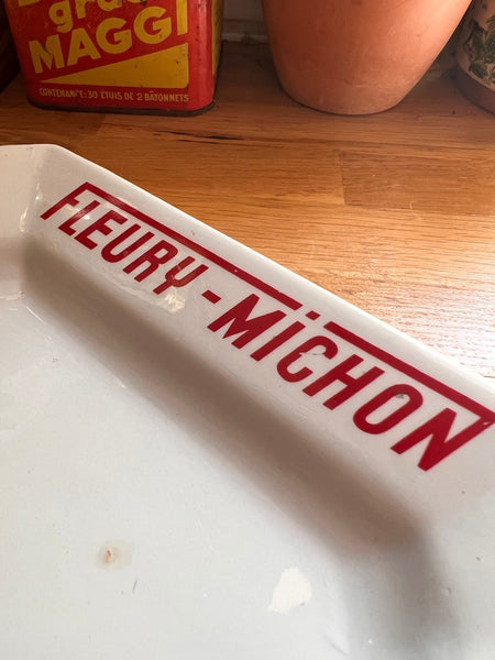 Grand plat vintage Fleury Michon en faïence blanche 33x23cm