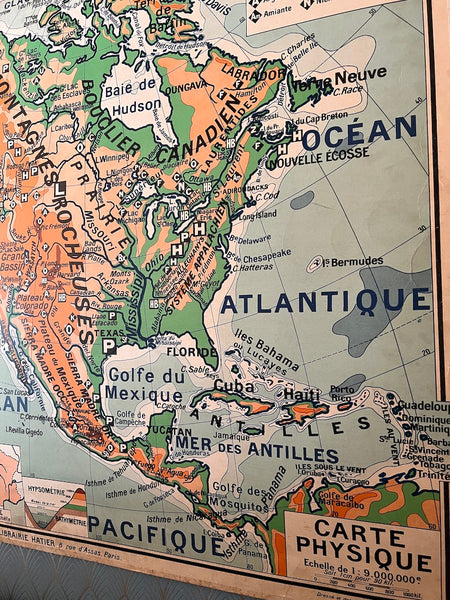 Carte / affiche scolaire vintage "Amérique du Nord" Brunhes, Deffontaines et Bruley / Hatier N°19 et 19bis