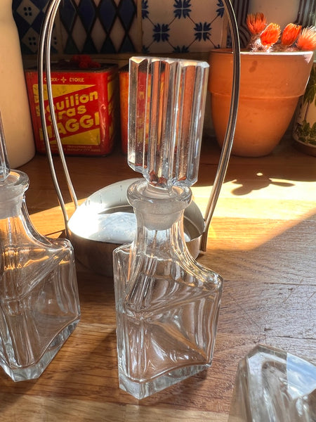 Serviteur à condiments vintage en verre et métal