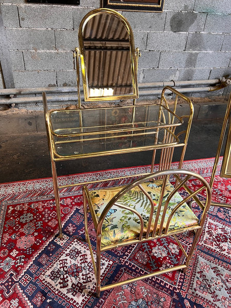 Coiffeuse / table de vanité et son psyché assorti en métal doré et verre - Années 70
