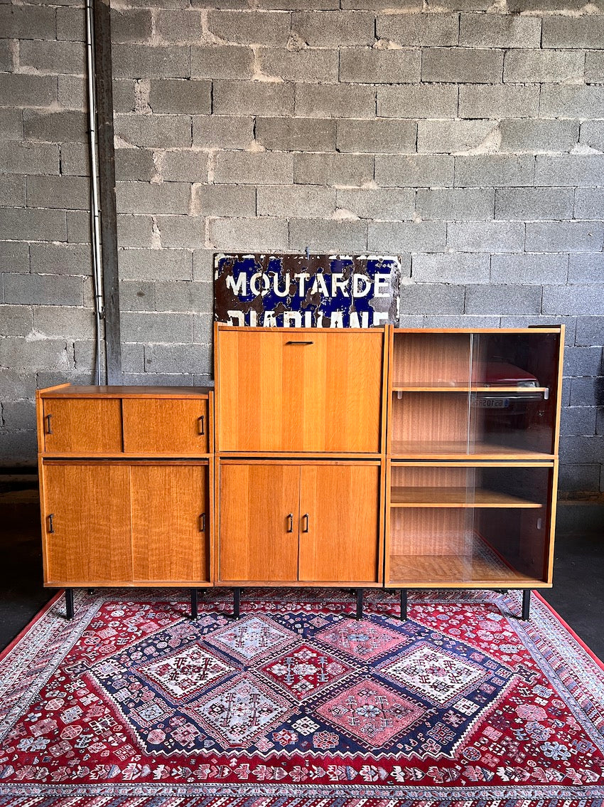 Bibliothèque vitrine vintage modulable style moderniste / Minvielle - Années 50/60