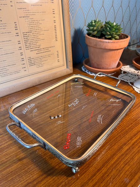 Plateau de service vintage Cocktail en métal argenté et verre sérigraphié - Années 70