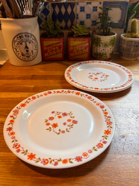 Assiette plate vintage en verre Arcopal Scania à fleurs oranges et roses - 1970