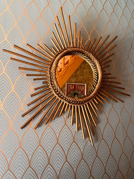Miroir soleil vintage en rotin doré - 57 cm - Années 60