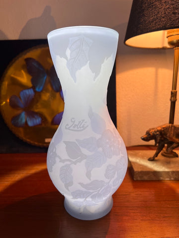 Vase vintage en verre soufflé à la bouche et gravé à l'acide Gallé Tip 24cm