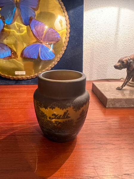Petit vase / pot vintage en verre soufflé à la bouche et gravé à l'acide Gallé Tip 8cm