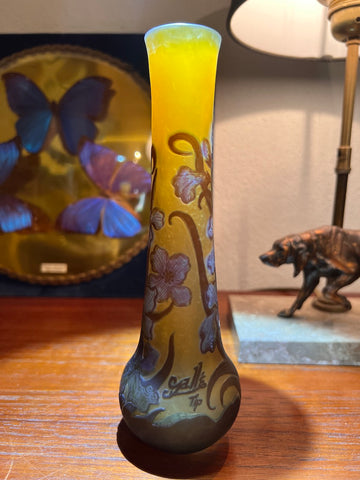 Petit vase vintage en verre soufflé à la bouche et gravé à l'acide Gallé Tip 20cm