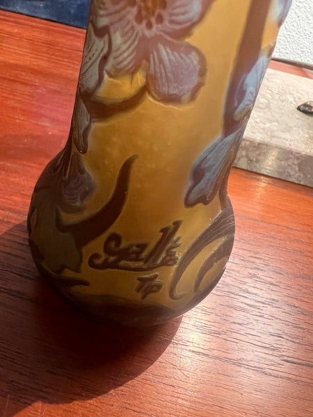 Petit vase vintage en verre soufflé à la bouche et gravé à l'acide Gallé Tip 20cm