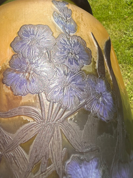 Grand vase vintage en verre soufflé à la bouche et gravé à l'acide Gallé Tip 31cm
