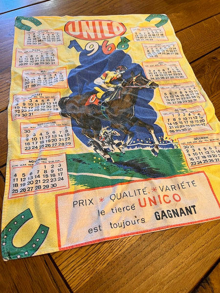 Torchon calendrier publicitaire vintage Unico Tiercé 1968
