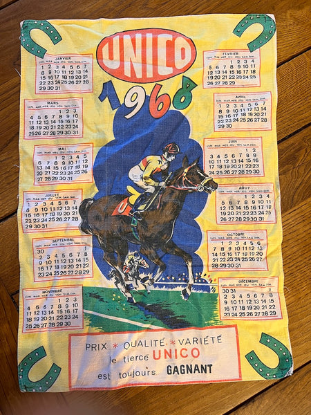 Torchon calendrier publicitaire vintage Unico Tiercé 1968