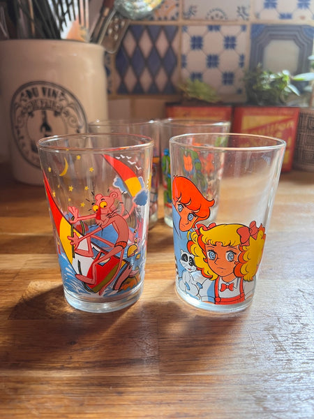 Lot de 7 verres vintages Moutarde Amora de dessins animés )- Années 70/80