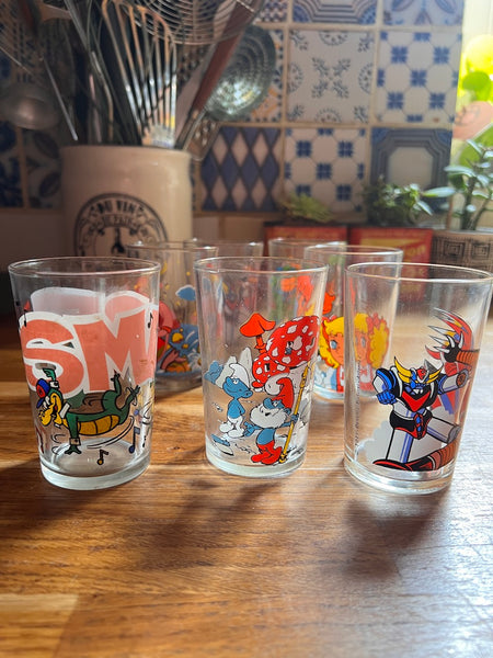 Lot de 7 verres vintages Moutarde Amora de dessins animés )- Années 70/80