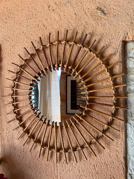Miroir soleil vintage en rotin 55cm