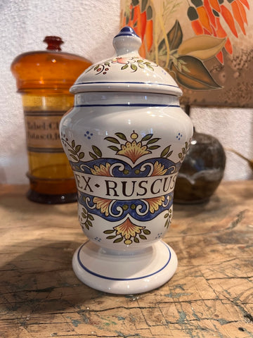 Pot d'apothicaire / de pharmacie vintage Ex-Ruscus en faïence Saint Clément - 1950/60