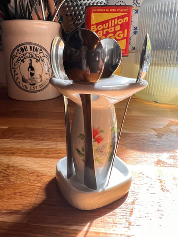 Porte petites cuillères vintage en porcelaine et inox