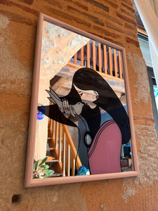 Cadre miroir rose vintage la femme et l'oiseau sérigraphié