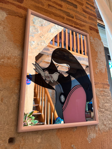 Cadre miroir rose vintage la femme et l'oiseau sérigraphié