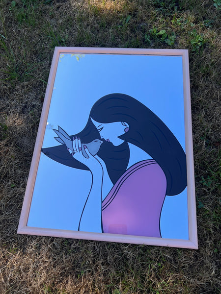 Cadre miroir rose vintage la femme et l'oiseau sérigraphié