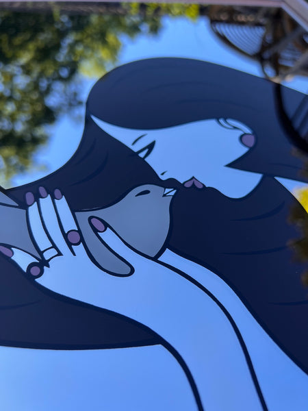 Cadre miroir rose vintage la femme et l'oiseau sérigraphié