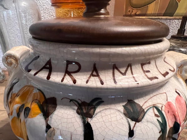 Pot vintage Caramel en faïence craquelée et couvercle bois